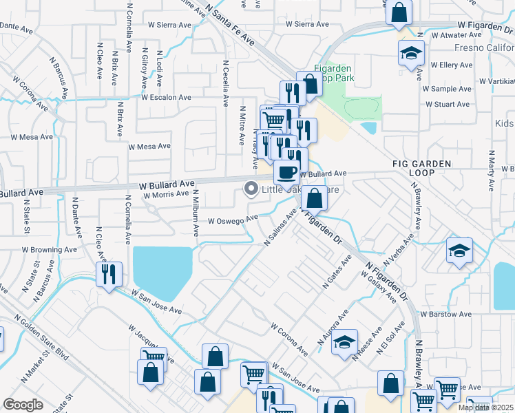 map of restaurants, bars, coffee shops, grocery stores, and more near 4447 West Celeste Avenue in Fresno