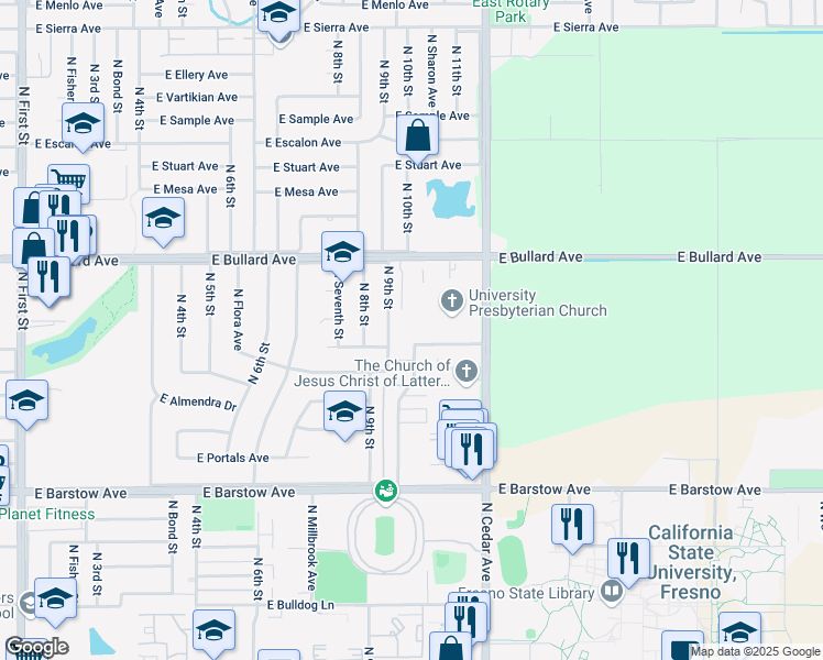 map of restaurants, bars, coffee shops, grocery stores, and more near 1674 East Roberts Avenue in Fresno