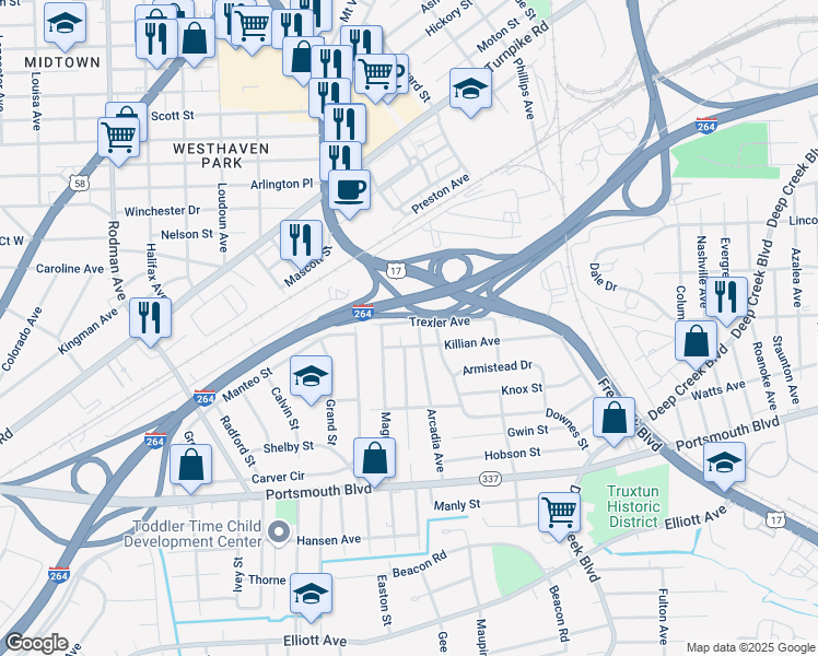 map of restaurants, bars, coffee shops, grocery stores, and more near 2617 Arcadia Avenue in Portsmouth