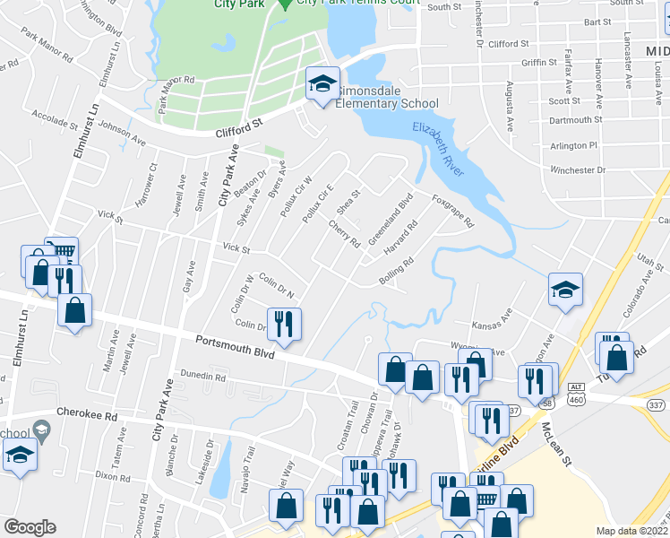 map of restaurants, bars, coffee shops, grocery stores, and more near 20 Century Drive in Portsmouth