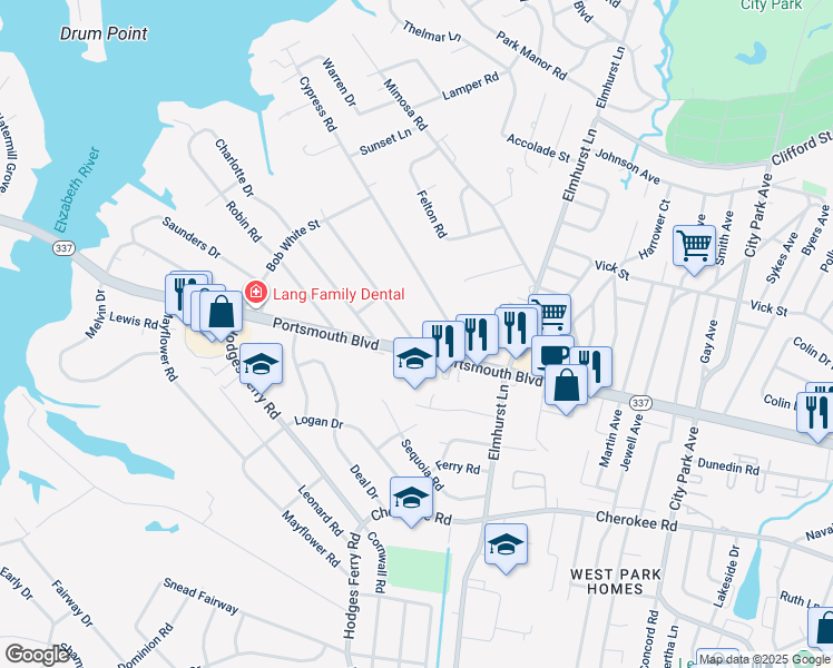 map of restaurants, bars, coffee shops, grocery stores, and more near 107 Jacquelyn Drive in Portsmouth