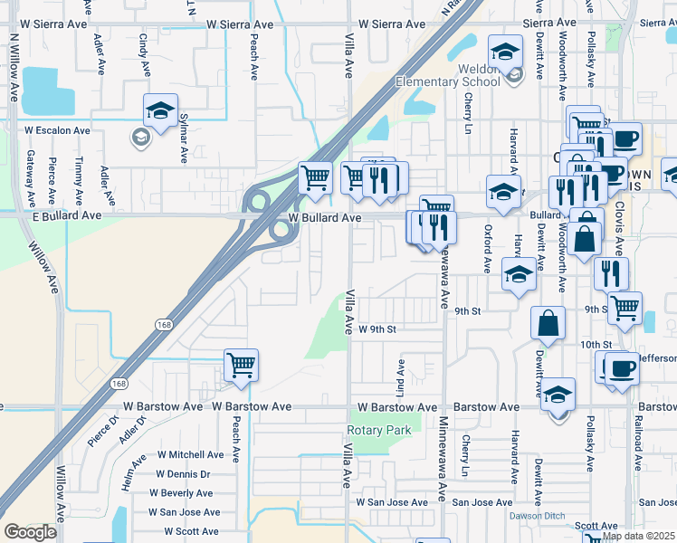 map of restaurants, bars, coffee shops, grocery stores, and more near 740 Villa Avenue in Clovis