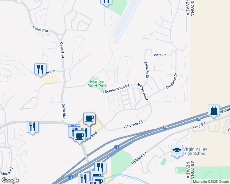 map of restaurants, bars, coffee shops, grocery stores, and more near 725 Mesa View Street in Mesquite