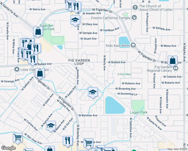 map of restaurants, bars, coffee shops, grocery stores, and more near 3752 West Persimmon Lane in Fresno