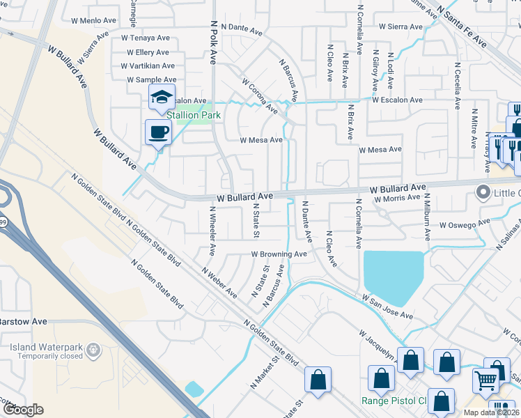 map of restaurants, bars, coffee shops, grocery stores, and more near 5353 West Morris Avenue in Fresno