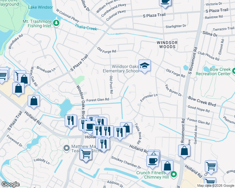 map of restaurants, bars, coffee shops, grocery stores, and more near 3848 Forest Glen Road in Virginia Beach
