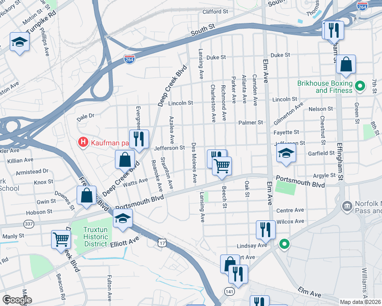 map of restaurants, bars, coffee shops, grocery stores, and more near 2324 Des Moines Avenue in Portsmouth