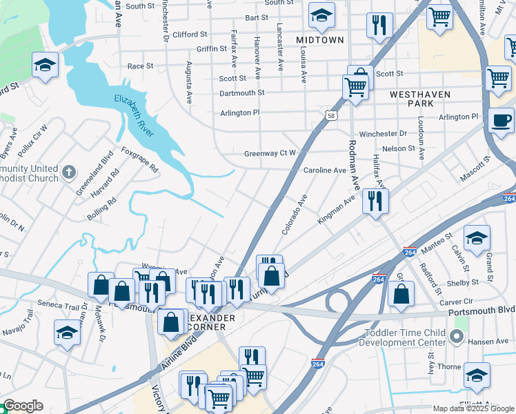 map of restaurants, bars, coffee shops, grocery stores, and more near 2126 Airline Boulevard in Portsmouth