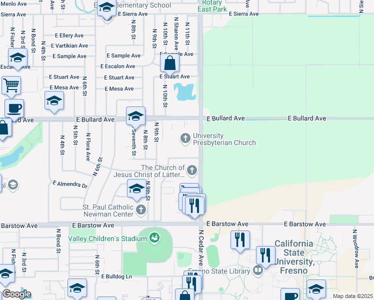 map of restaurants, bars, coffee shops, grocery stores, and more near 1776 East Roberts Avenue in Fresno