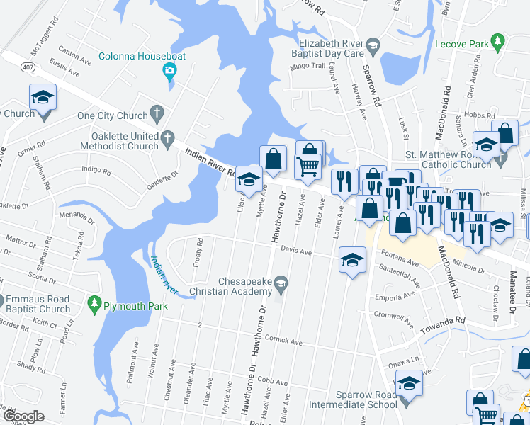 map of restaurants, bars, coffee shops, grocery stores, and more near 1122 Myrtle Avenue in Chesapeake