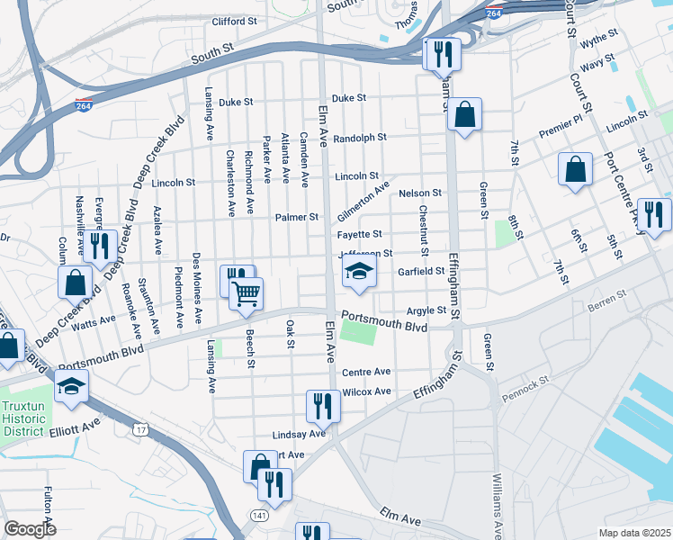 map of restaurants, bars, coffee shops, grocery stores, and more near 2315 Elm Avenue in Portsmouth