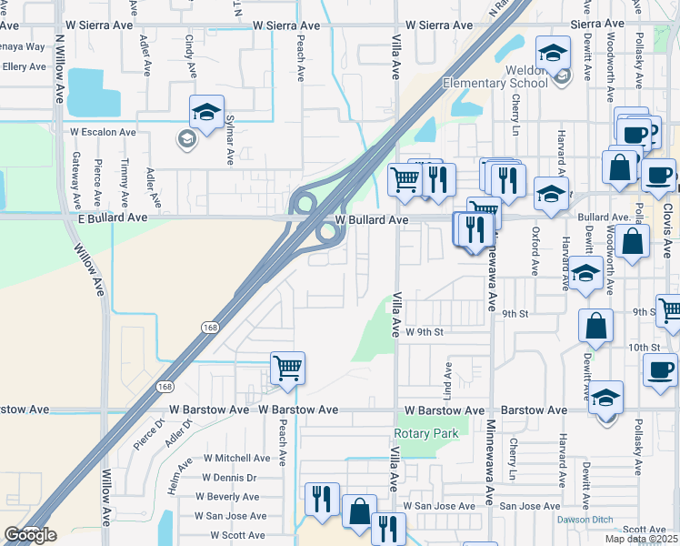 map of restaurants, bars, coffee shops, grocery stores, and more near in Clovis