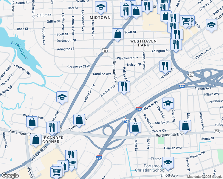 map of restaurants, bars, coffee shops, grocery stores, and more near 3713 Kingman Avenue in Portsmouth