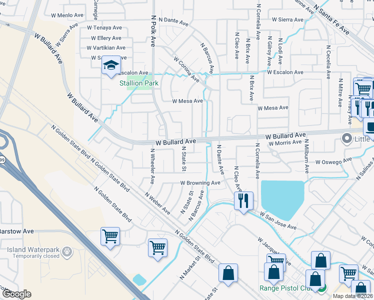 map of restaurants, bars, coffee shops, grocery stores, and more near 5353 West Morris Avenue in Fresno