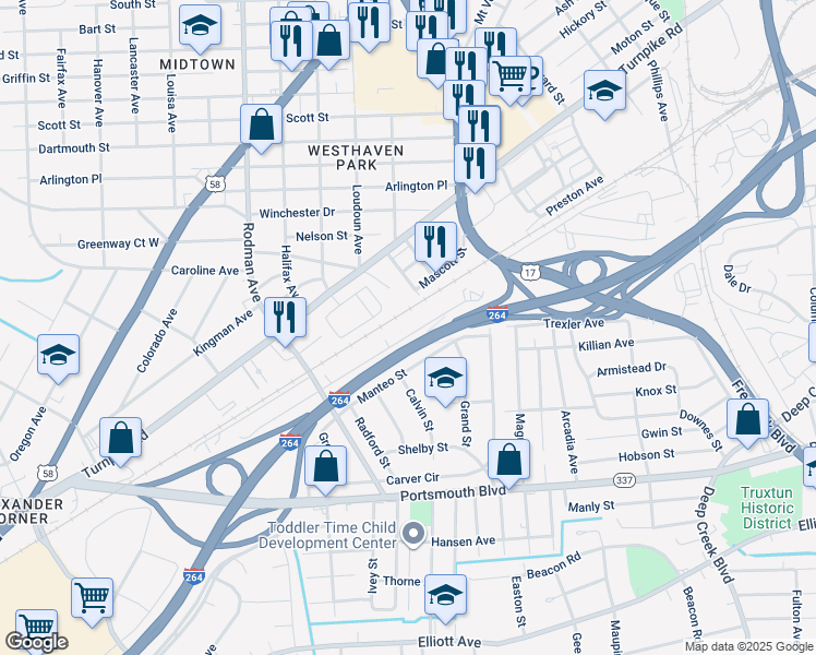 map of restaurants, bars, coffee shops, grocery stores, and more near 257 Choate Street in Portsmouth