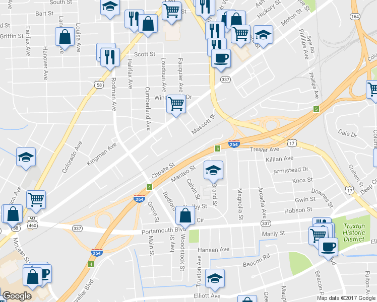 map of restaurants, bars, coffee shops, grocery stores, and more near 257 Choate Street in Portsmouth