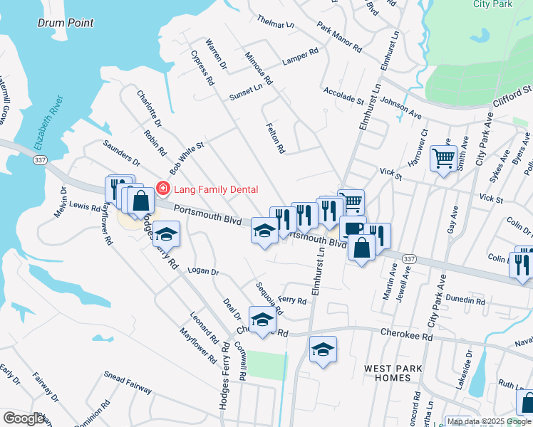 map of restaurants, bars, coffee shops, grocery stores, and more near 107 Jacquelyn Drive in Portsmouth