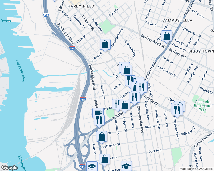 map of restaurants, bars, coffee shops, grocery stores, and more near 414 D Street in Chesapeake