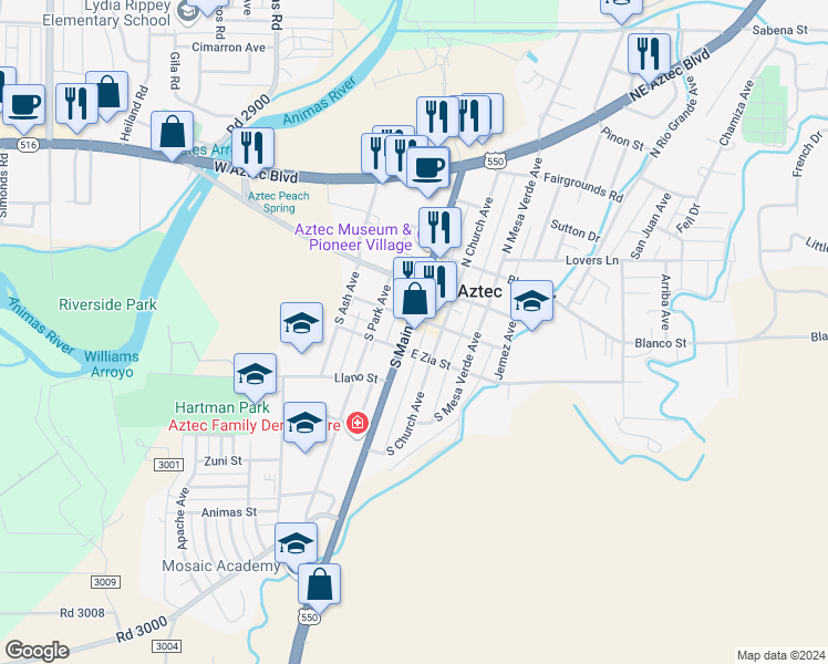 map of restaurants, bars, coffee shops, grocery stores, and more near 208 South Main Avenue in Aztec
