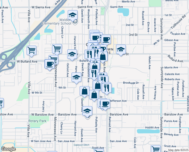 map of restaurants, bars, coffee shops, grocery stores, and more near 520 Eighth Street in Clovis