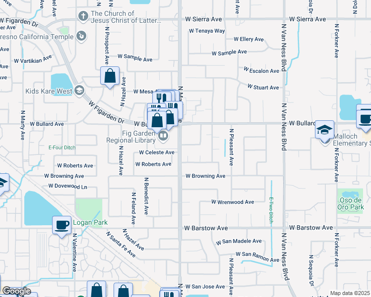 map of restaurants, bars, coffee shops, grocery stores, and more near 2803 West Celeste Avenue in Fresno