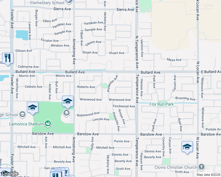 map of restaurants, bars, coffee shops, grocery stores, and more near 820 Arroyo Avenue in Clovis
