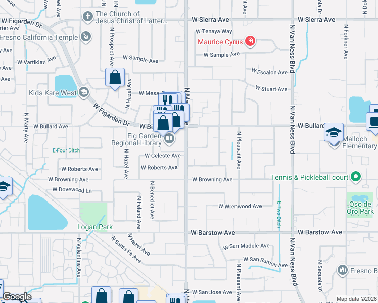 map of restaurants, bars, coffee shops, grocery stores, and more near 5675 North Monte Avenue in Fresno