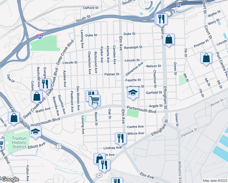 map of restaurants, bars, coffee shops, grocery stores, and more near 2420 Oak Street in Portsmouth
