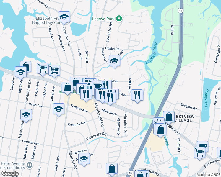 map of restaurants, bars, coffee shops, grocery stores, and more near 928 Sherry Avenue in Virginia Beach