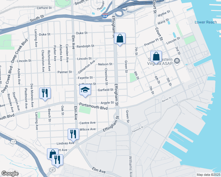map of restaurants, bars, coffee shops, grocery stores, and more near 818 Garfield Street in Portsmouth