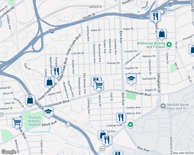 map of restaurants, bars, coffee shops, grocery stores, and more near 2400 Charleston Avenue in Portsmouth