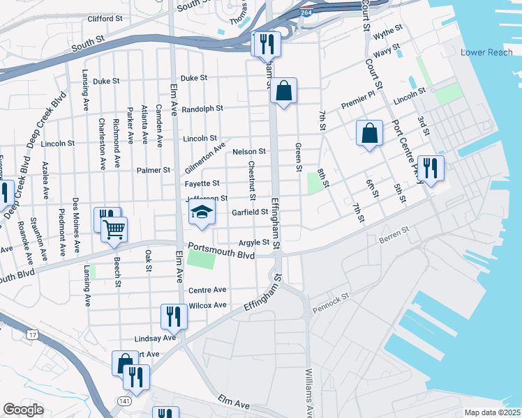 map of restaurants, bars, coffee shops, grocery stores, and more near 818 Garfield Street in Portsmouth