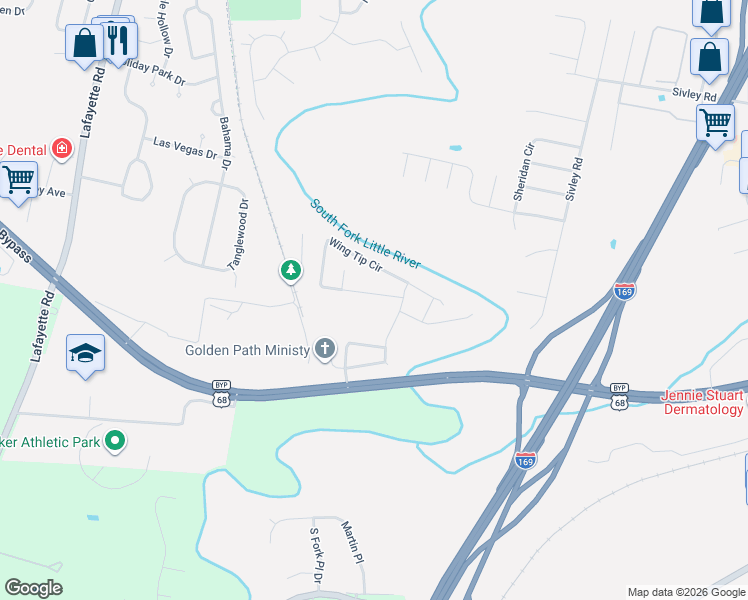 map of restaurants, bars, coffee shops, grocery stores, and more near Airie Way in Hopkinsville