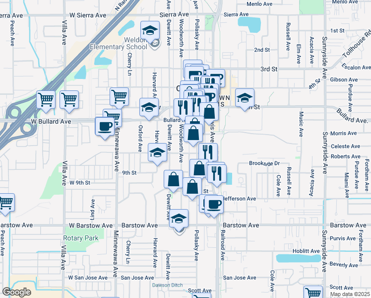 map of restaurants, bars, coffee shops, grocery stores, and more near 520 Eighth Street in Clovis