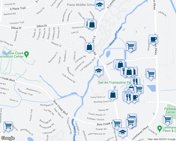map of restaurants, bars, coffee shops, grocery stores, and more near 445 Drake Court in Virginia Beach