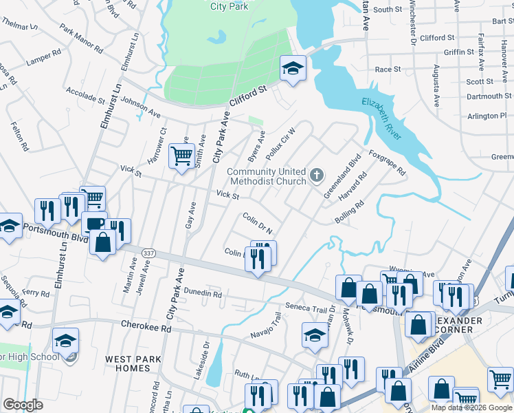 map of restaurants, bars, coffee shops, grocery stores, and more near 4807 Vick Street in Portsmouth