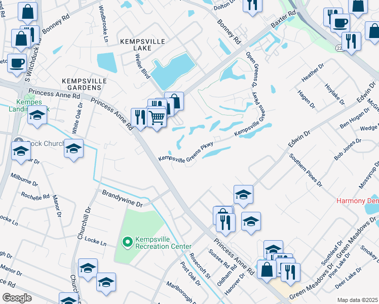 map of restaurants, bars, coffee shops, grocery stores, and more near 4857 Kempsville Greens Parkway in Virginia Beach