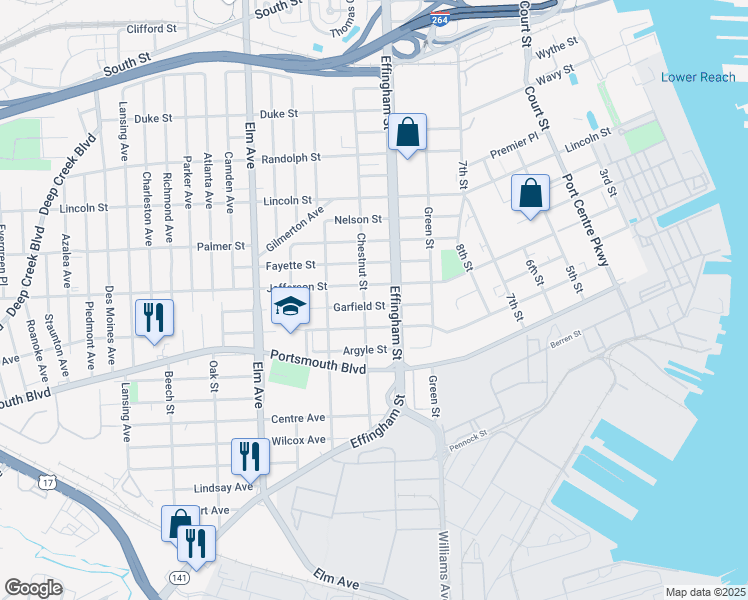 map of restaurants, bars, coffee shops, grocery stores, and more near 822 Garfield Street in Portsmouth