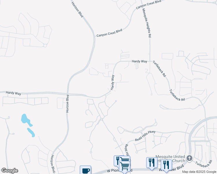 map of restaurants, bars, coffee shops, grocery stores, and more near 716 Hardy Way in Mesquite
