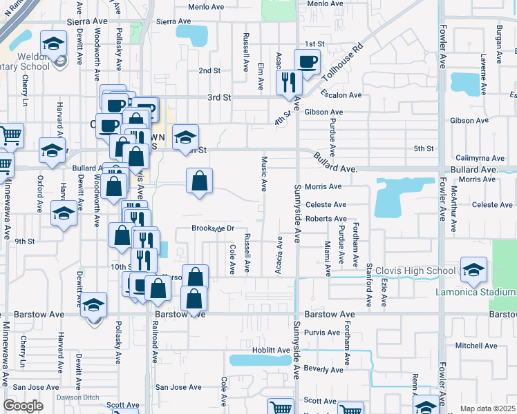 map of restaurants, bars, coffee shops, grocery stores, and more near 805 Russell Avenue in Clovis