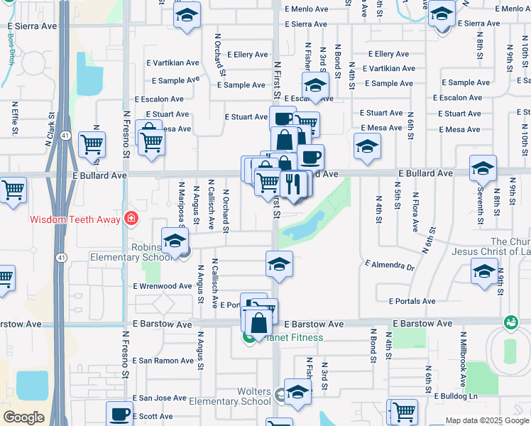 map of restaurants, bars, coffee shops, grocery stores, and more near 5665 North First Street in Fresno