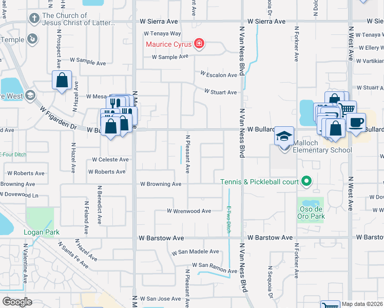 map of restaurants, bars, coffee shops, grocery stores, and more near 5658 North Pleasant Avenue in Fresno