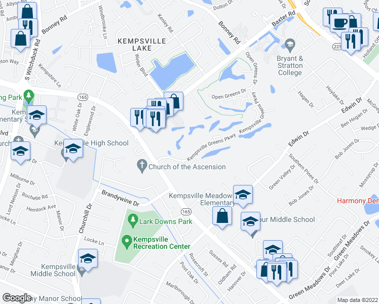 map of restaurants, bars, coffee shops, grocery stores, and more near 4857 Kempsville Greens Parkway in Virginia Beach