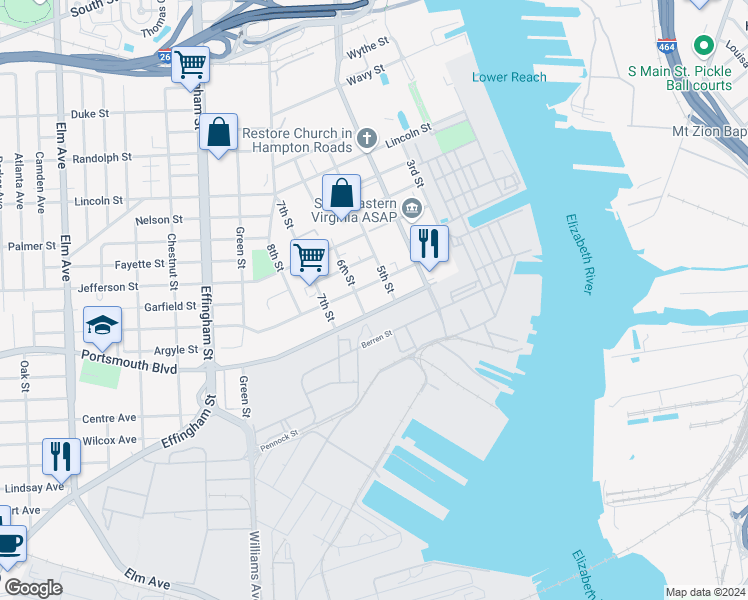 map of restaurants, bars, coffee shops, grocery stores, and more near 518 Portsmouth Boulevard in Portsmouth