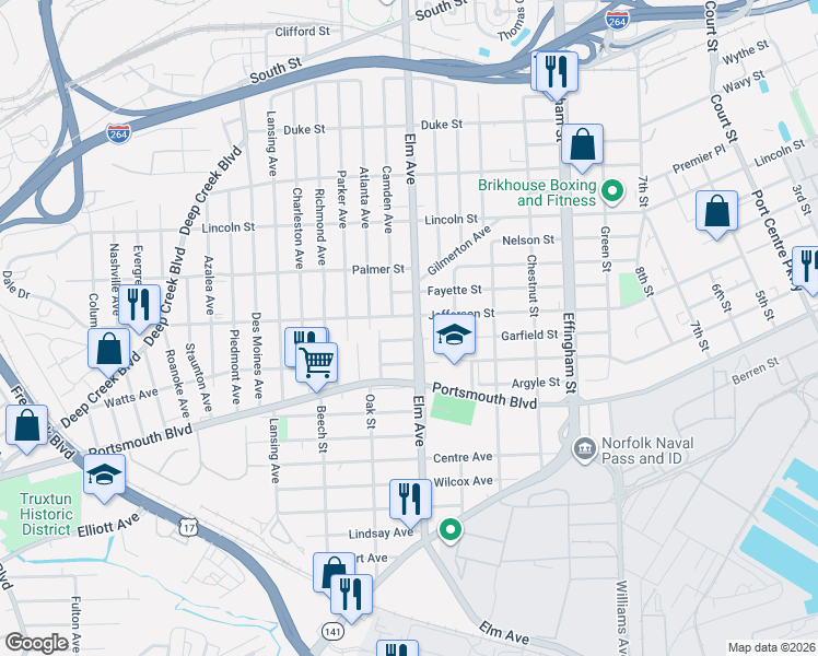 map of restaurants, bars, coffee shops, grocery stores, and more near 2404 Elm Avenue in Portsmouth