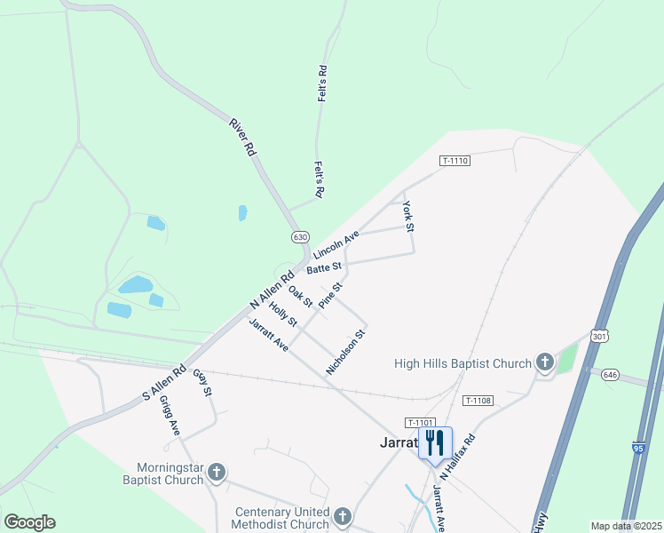 map of restaurants, bars, coffee shops, grocery stores, and more near 208 Batte Street in Jarratt