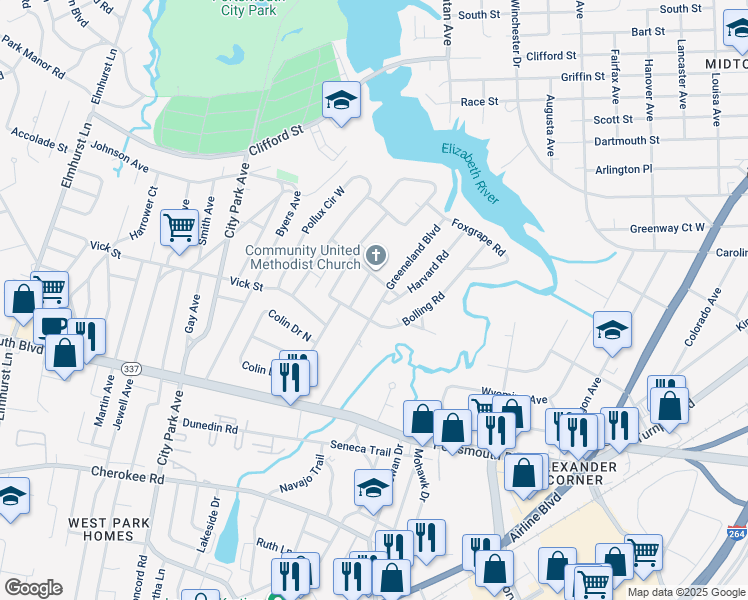 map of restaurants, bars, coffee shops, grocery stores, and more near 29 Greeneland Boulevard in Portsmouth