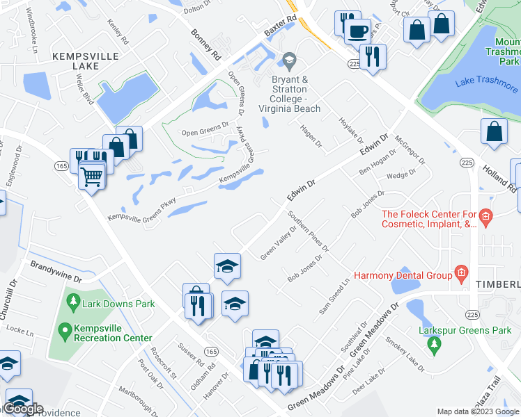 map of restaurants, bars, coffee shops, grocery stores, and more near 609 Meadows Drive in Virginia Beach