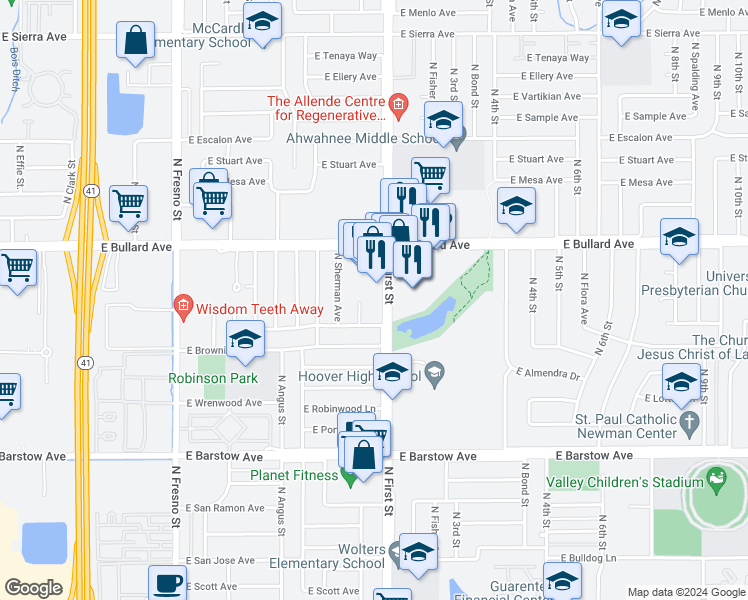 map of restaurants, bars, coffee shops, grocery stores, and more near 5665 North First Street in Fresno