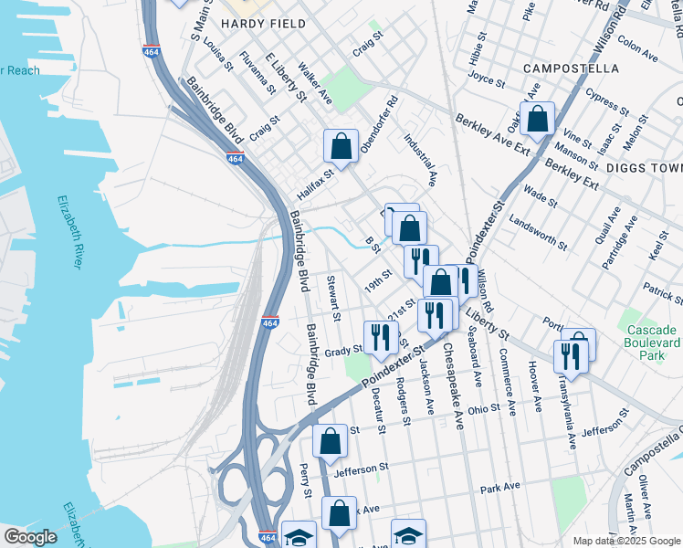 map of restaurants, bars, coffee shops, grocery stores, and more near 1006 Butt Street in Chesapeake